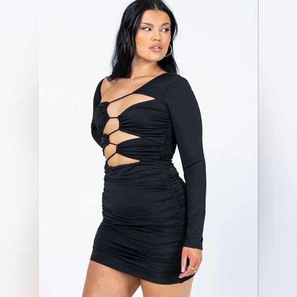 Princess Polly Thriller Black Edgy Cut Out Ruched Bodycon Mini‎ Dress 6US - Picture 7 of 8